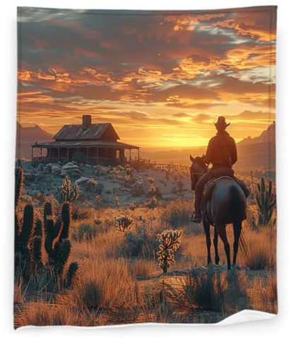 Retro Western 60 x 80 Cowboy Riding Horse Cactus Desert Super Soft Bedding Fleece Throw Blanket Luxury Bed Blanket Sofa Living Room Bedroom Warm Lightweight for Men and Women