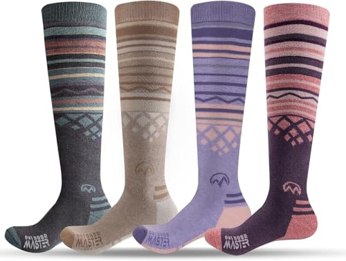 OutdoorMaster Ski Socks, Merino Wool Ski Socks for Men & Women, Thermal Winter Warm & Breathable Snowboarding Socks for Cold Weather, Over The Calf Non-Slip Cuff, Machine Washable