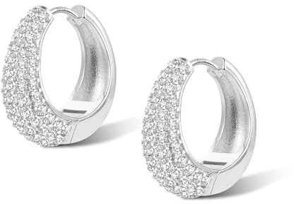 ALEXCRAFT boucles d'oreilles Argent Sterling 925 Boucles d'oreilles créoles femmes Créoles en argent sterling 925 Boucles d'oreilles avec paillettes zircone diamant ovale Huggie Hoops Chunky