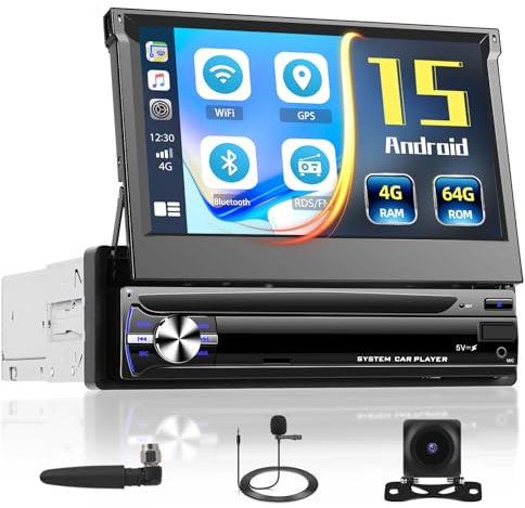 [4+64G] Inefala Autoradio 1 DIN con Pantalla Retráctil de 7 Pulgadas, Radio Coche Bluetooth 1 DIN con GPS Navi WiFi Carplay inalámbrico Android Auto RDS/FM Cámara Trasera Mic