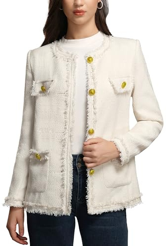 M.Infisavo Women’s Tweed Blazer Jackets with Pockets, Long Sleeve Open Front Crewneck Collarless Elegant Casual Cardigan Beige