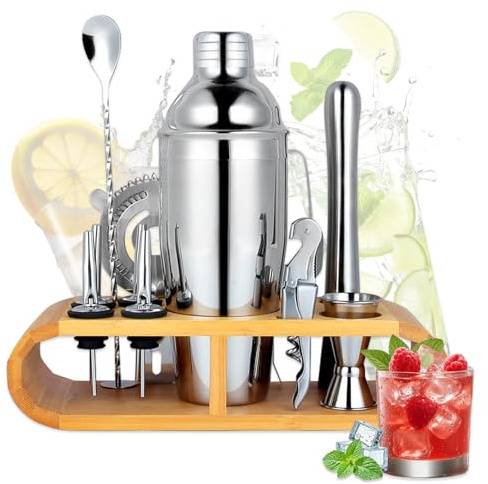 Juego de 12 cocteleras de acero inoxidable de 750 ml, juego de cócteles con soporte de madera, juego de barman todo en uno para casa o bar, regalos para fiestas para hombres y mujeres
