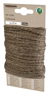 Windhager Jute Dekoschnur ÖKO, Garten Kordel, Bastelschnur, Dekokordel, Hanfschnur, Juteband, Paketband Stark, Schnur, 27m, Ø 3,5mm, terrabraun