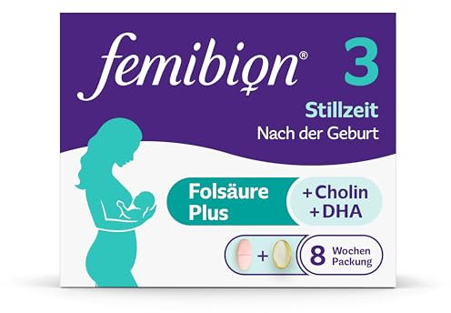 Femibion 3 Stillzeit, Tägliches Nahrungsergänzung für die Laktation, Mit Cholin, DHA, Folsäure, Metafolin, 8-Wochen-Pack, 2 x 56 Stück