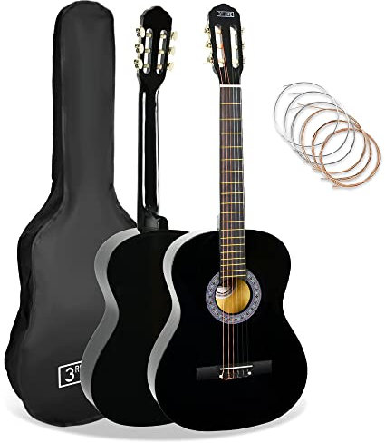 3rd Avenue 4/4-Konzertgitarre Mit Spanischen Nylonsaiten In Voller Größe, Einsteigerpaket – Schwarz