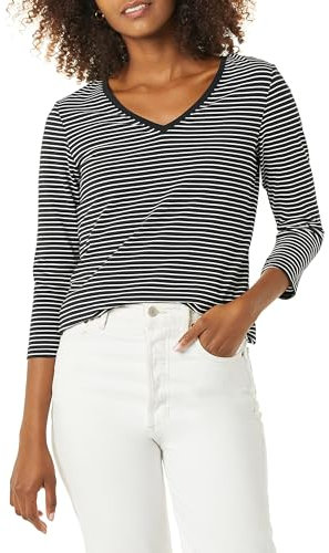 Amazon Essentials Damen-T-Shirt mit 3/4-Ärmeln, V-Ausschnitt (erhältlich in Übergröße), Schwarz/Weiß gestreift, Größe M