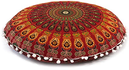 Runder Mandala-Bodenkissenbezug, Sitzkissen, Überwurf, Hippie, dekorativer Bohemian-Pouf-Bezug, Pompom-Kissenbezüge, Boho-Indisch, 55,9 cm (Rot)
