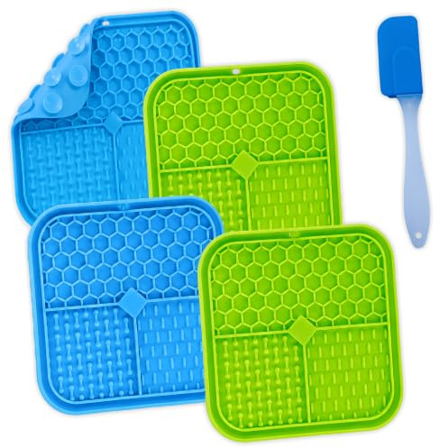 2 Pcs Dog Lick Mats for Calm Treat Time & Slow Feeding - BPA-Free Silicone Licky Mats For Dogs With Strong Suction Cups & Spatula - Treat Mat for Dogs, Puppies & Cats (15CM - Blue, Green)