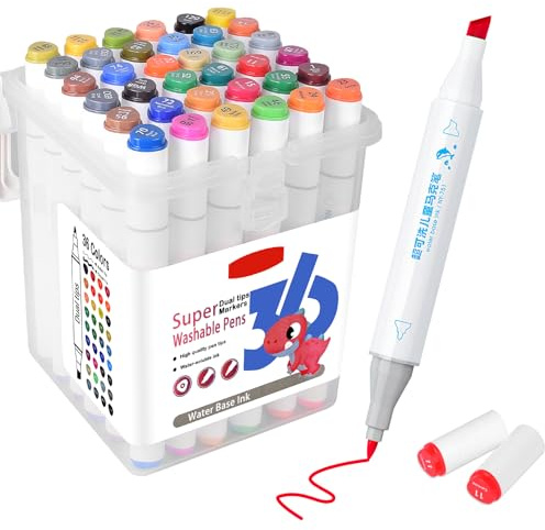 SAYEEC Washable Markers, 36 Colors Art Markers Set with Case, Fine Chisel Dual Tips Drawing Pens Water-Based Marker for Artist Adults Coloring Books Sketching Journaling Illustration