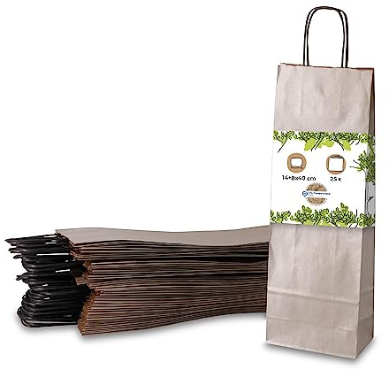 Greenbox 25 st. flaskpåsar presentpåsar med handtag 14 x 8 x 40 cm kraftpapper viktklass 100 G/M2 ädla flaskor förpackning I vinflaskväska I presentpåse vin I papperspåsar silver