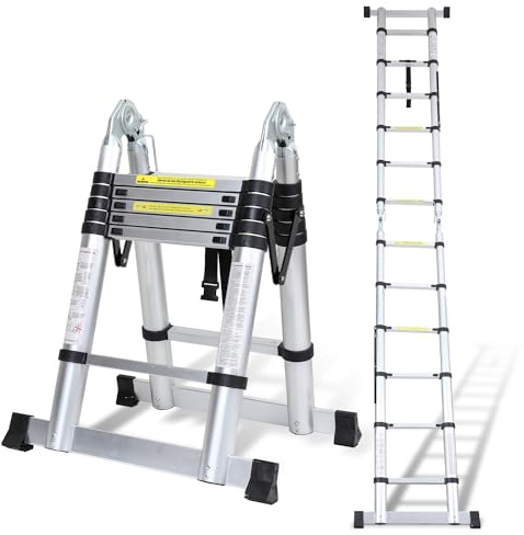 Yakimz Scala telescopica in alluminio, pieghevole, multiuso, 3,8 m (1,9 m + 1,9 m), telescopica, con stabilizzatori, portata di 150 kg, argento