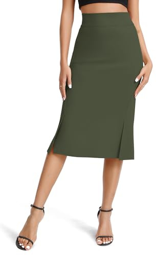 EXCHIC Donne Elegante Business Elastico Bodycon Matita Gonna Alta Vita Midi Gonne con Divisa(XL, Verde Militare)