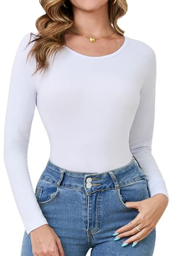 Terecey Camiseta Interior Termica Mujer de Manga Larga con Cuello Redondo Tops Deportivo de Invierno para Running Gym Crossfit Blanco