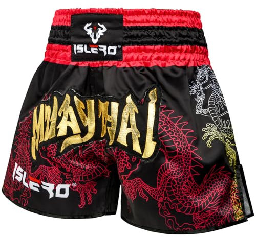 Islero Pantaloncini da Muay Thai, arti marziali, Grappling, Kick Boxing, UFC, Cage Fighting, Palestra, Formazione, Uomini e Donne Abbigliamento Gear, nero/rosso, S
