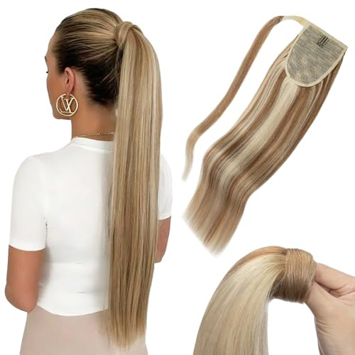 MY-LADY Posticci per Capelli Extension - 50cm Coda Capelli Veri Ponytail Wrap Around - Coda Capelli Extension Umani Lisci #12P613 Marrone Dorato&Biondo 95g