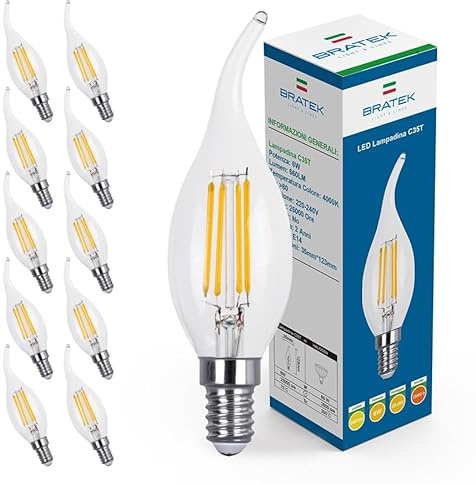 10 Lampadine Led E14 Luce Naturale Vintage a Fiamma 4000k 6W 660 Lumen