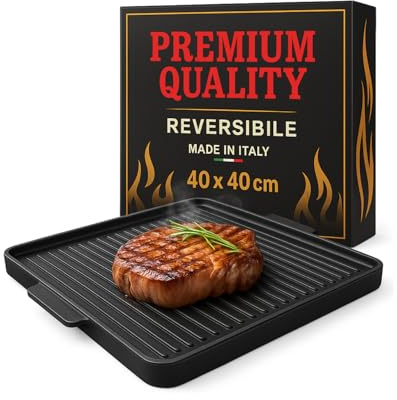 MOHOME Bistecchiera Ghisa Quadrata 40 x 40 cm Piano Cottura Grill Fornello Gas Forno Padella Piastra Liscia Rigata Made in Italy Antiaderente Teflonata Reversibile Manici