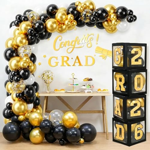 Graduation Decorations 2026 - Black Gold Graduation Party Decoration, 4pcs Balloon Boxes with Letters 2026 GRAD+100pcs Black Gold Balloon Arch for Class of 2026 Decorations Leavers Preschool Nursery