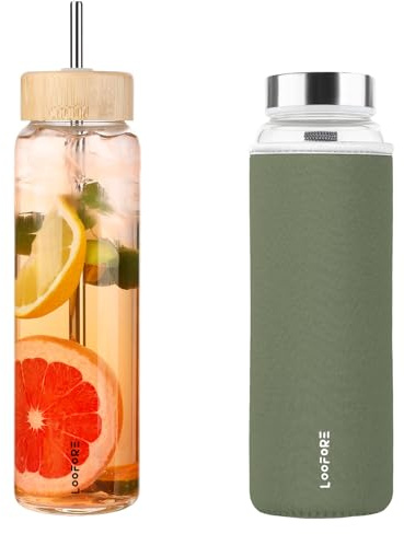 LOOFORE Gourde en Verre 1 Litre avec Paille, Gourde Verre 1L avec 2 Couvercles (Bambou et Acier Inoxydable), sans BPA, étanche et Réutilisable, pour Maison, Voyages, Sport, Yoga, Gym (Vert Olive)
