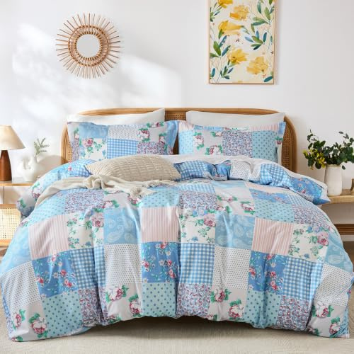 DJY Floral Patchwork Duvet Cover Double Size Soft Microfiber Bedding Set | 3PCS Blue Quilt Cover Cottagecore Country Style Bed Linen with Hidden Zipper