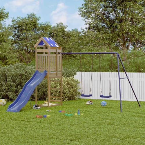 Ordellia Torre de juegos de madera de pino impregnada con tobogán ondulado, columpio doble, arenero y plataforma de 118 cm, juguete de jardín para patio de juegos en el jardín