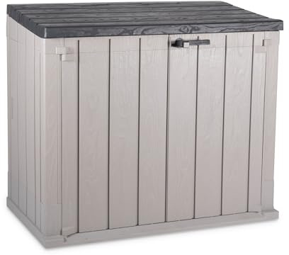 Toomax Storer Plus Baule da 842L portattrezzi da giardino 129,5x74,5x111h cm, effetto legno antracite/grigio tortora, porta bidoni spazzatura, con coperchio assistito, ideale per interni ed esterni