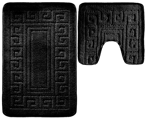 vingardium leviosa VL 2 Piece Greek Bath Mat Non Slip and Highly Absorbent Bath Mat 100% Polypropylene Washable Pedestal Bathroom Mat Rug (BLACK)