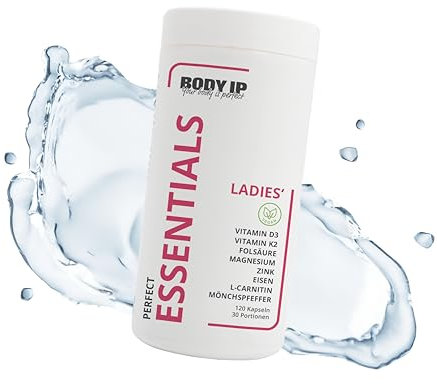 BODY IP Ladies' Essentials Mineralstoffe und Vitamine speziell für Frauen | hochdosiert | Folsäure, Magnesium, Zink, Eisen, Vitaminen D3 und K2, L-Carnitin und Mönchspfeffer | 120 vegane Kapseln