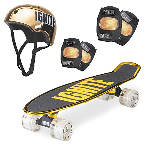 Mondo Toys - Skateboard Ignite Combo Pack Chroma Gold - ruote poliuretano - SKATE + CASCO e protezioni - misura 55 x 15 - colore oro gold - 25568, taglia unica