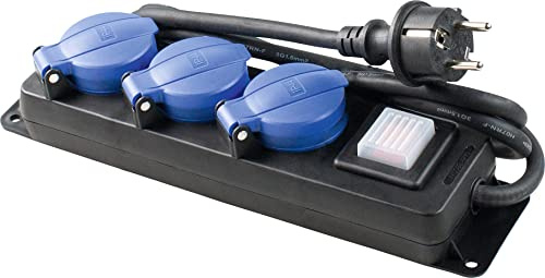 as - Schwabe Multiprise 3 Prises avec Interrupteur, Prises de Contact de Protection avec couvercles à Rabat, câble de 1,5 m, multiprise pour l'extérieur 230 V, 16 A, IP44, Noir, Bleu 38630