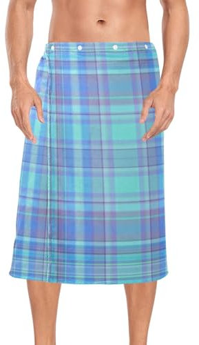 ZRWLUCKY Blue Series Men's Checked Bathrobe with Elastic Band, 152 x 71 cm, Terry Towelling, Gym, Dormitory and Sauna