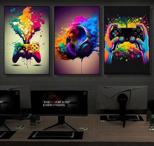 Gaming väggkonst set, 3-delat canvastryck, färgglad kontroller och hörlursdesign, utan ram spelrumsdekor