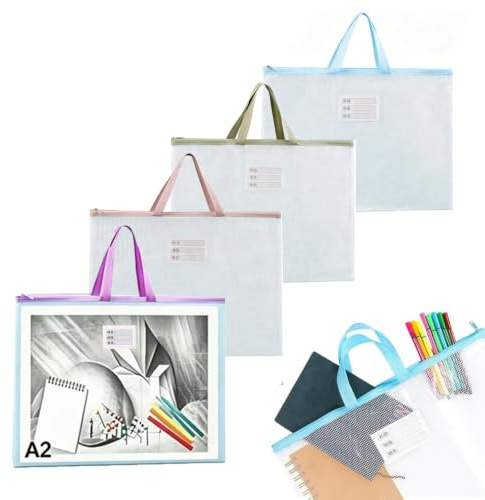 Lot de 4 pochettes A2 en plastique avec fermeture éclair pour documents, dossiers, dossiers, pochettes de rangement en maille pour fournitures scolaires, de bureau et accessoires de voyage