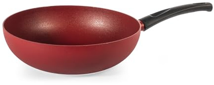 H&H Wok Absolute Red Ø28 cm in Alluminio – Rivestimento Antiaderente Pfluon, Fondo per Induzione, Superficie Ruvida per Cottura Uniforme