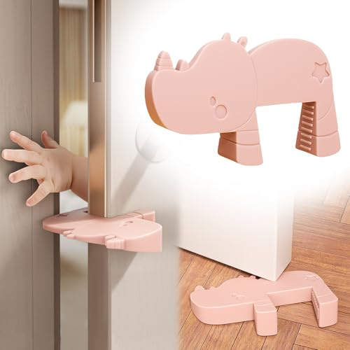 YOFENZO Rhino Door Stopper 2-Pack, Solid Silicone Cute Door Stopper Wedge and Door Pinch Guard, Anti-Slam & Finger Safety Protector for Kids & Pets, Ideal for Home, Office, Nursery (Pink)