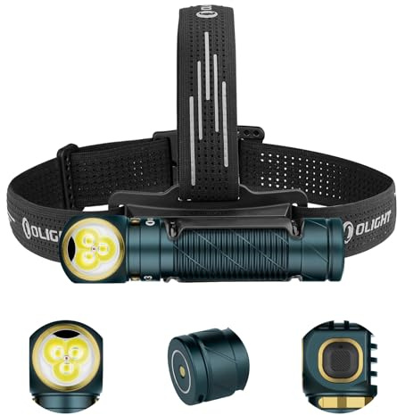 OLIGHT Perun 3 Linterna Frontal LED Recargable de Ángulo Recto Combinando Blanco y Rojo Práctica y Funcional 3000 Lumens 160 Metros 20 Días Máx Para la Pesca al Aire Libre (Sueño Azul)