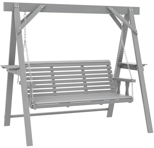 Outsunny 3 Seater Garden Swing Seat, Wooden Swing Chair Bench with Side Tables and Metal Chains, for Outdoor Porch Patio, Dark Grey