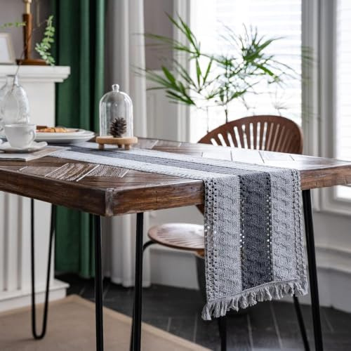 Grå Makramébordslöpare 30x28 Cm, Bomullslinne Med Tofsar, Lantlig Matdekoration, Flätad Randig överlägg, Värme- Och Fläckbeständig, Dammtät Grey 12inch by 86inch