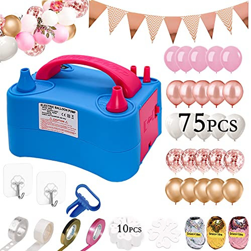 Magic4U Electric Balloon Pump, 230V 400W Portable Dual Nozzles Air Inflator with Balloons, Rose Gold Pennant Decorating Strip Kit, Glue, Tying Tool for Party Decoration