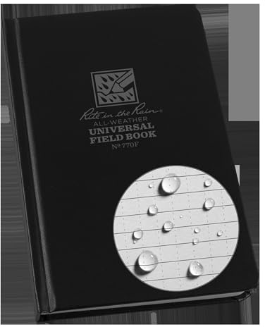 Rite in the Rain Waterproof Paper Fabrikoid Side Bound Book Black 160 pages 80 Sheets Grey Waterproof Paper Imperial & Metric Rulers Numbered pages Legally Defensible Sewn Bound Case 43/4 Inch x 71/2-Inch