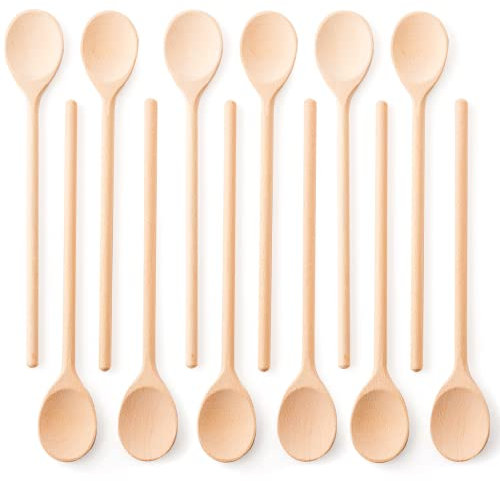 Mr.Woodware 25 cm Wooden Spoons for Cooking - Set of 12 Long Handle Wooden Spoon for Mixing, Stirring, Tasting - Kitchen Wooden Utensils For Cooking and Crafts, Personalized Engraved Wood Burning
