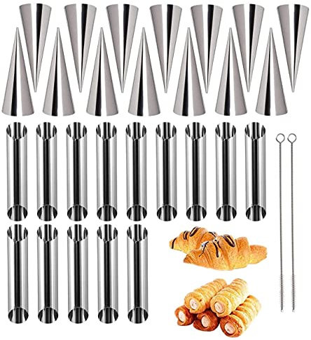 28 Stück Backform Set, Cream Horn Formen Set Sahnerollen Edelstahl Cannoli Rohre Molds Hörnchen Backform Kuchen Gebäck Spirale Horn Backform Backzubehör