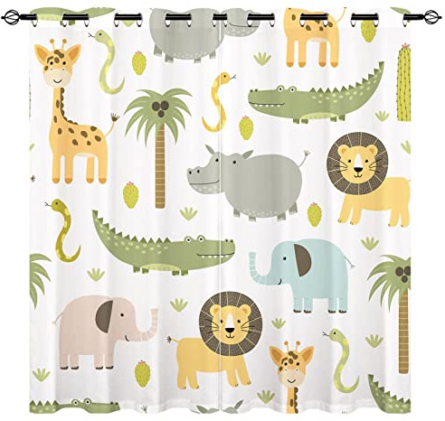 YUANZU Safari Animal Curtains - Kids Hippo Crocodile Lion Elephant Giraffe Woodland Zoo Family Pattern Eyelet Blackout Room Darkening Window Drapes for Boys Girls Bedroom 2 Panels W117cm x D137cm