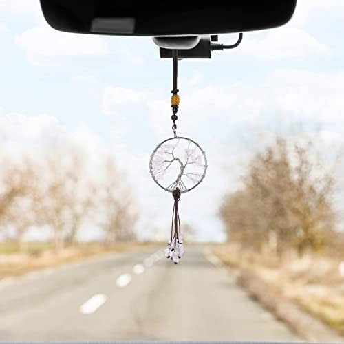 Cobee Adorno colgante de árbol de la vida para espejo retrovisor de coche, 7 piedras de chakra colgante de piedra de cristal curativo interior del coche Reiki buena suerte meditación (B)