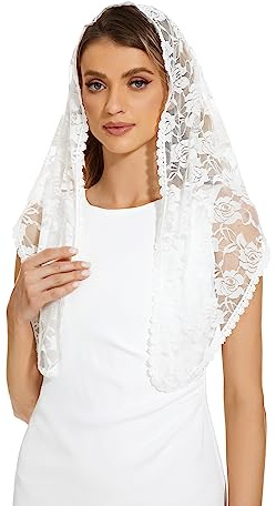 Cilkus Lace veil Triangle Mantilla veil Shawl or Scarf Latin Mass Head Cover with Fringed lace (White-1)