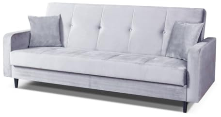 Margaret Hadas24 Sofa Luna 3-Sitzer, skandinavisches Sofa, Schlafsofa, Schlaffunktion, Bettkasten, inklusive Dekokissen, Holzfüße, Polstersofa für Wohnzimmer 213 cm moderner Stoff Paris, hellgrau