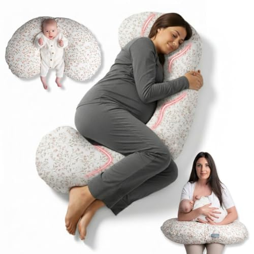 BellaMoon 3 in 1 Pregnancy Pillow – Full Body Pillow Support for Pregnant Women - Adjustable C Shaped Pregnancy Pillows for Sleeping, Nursing & Baby Lounger - Washable Organic Cotton Cover.