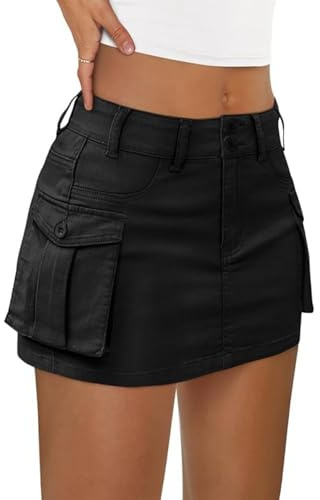 LILLUSORY Women Mini Skirt Skort Denim Jean 2026 Spring Summer y2k Cute Clothes Going Out Club Concert Outfit Western Cowgirls Trendy Fashion Sexy Short Teen Girls Cargo Black M