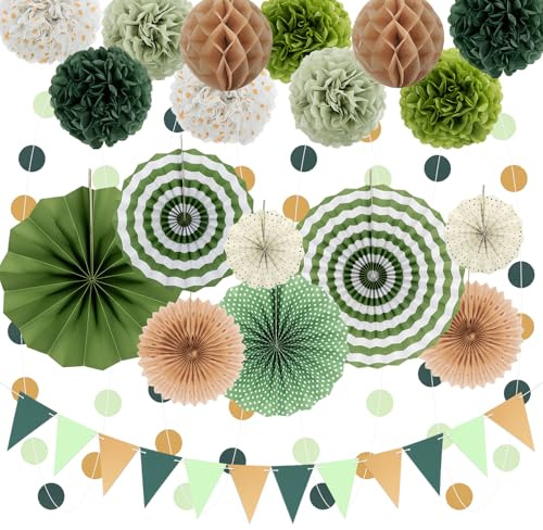 Green Party Decorations - 23Pcs Hanging Paper Fans,Pom Poms Flowers,Garland String Polka Dot and Triangle Bunting Flag Packs for Girls Women Birthday Party Baby Shower Wedding Shower Decor