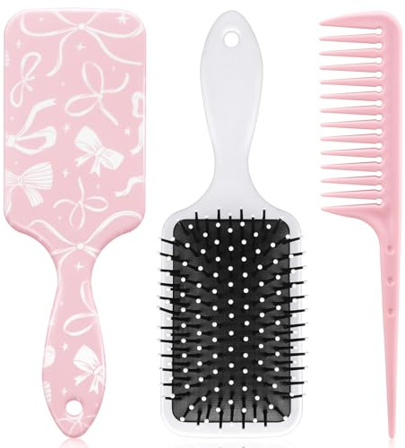 Weysat Coquette Bow Paddle Hair Brush and Pastel Pink Detangle Tail Comb Set Bow Print Anti Static Air Cushion Wide Tooth Comb for Women Girl Men Gift Soft Detangling All Hair Health and Massage Scalp